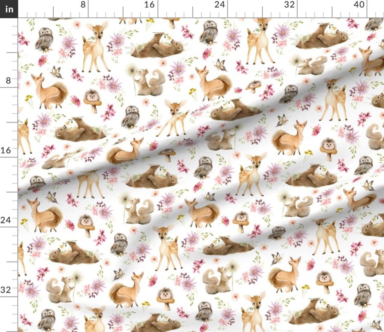 Woodland Forest Friends Flowers Deer Baby Animals Fox Custom Printed Fabric by Spoonflower Various Fabrics by the Yard or Fat Quarter